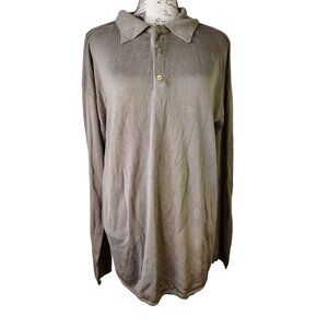 Jhane Barnes Large Men's Silk Sweater, Tan Taupe Long Sleeve Collared 1/4 Button